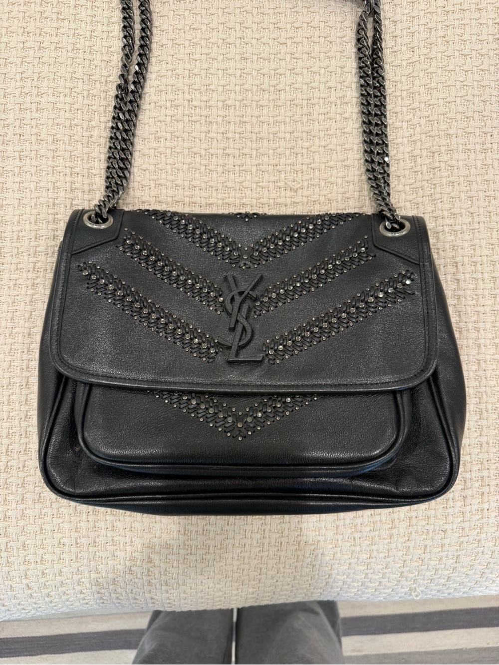 Saint Laurent Black Studded Chevron Leather Shoulder Bag with Chain Strap